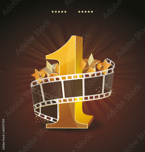 Gold number 1 with twisted filmstrip and glass stars against dar