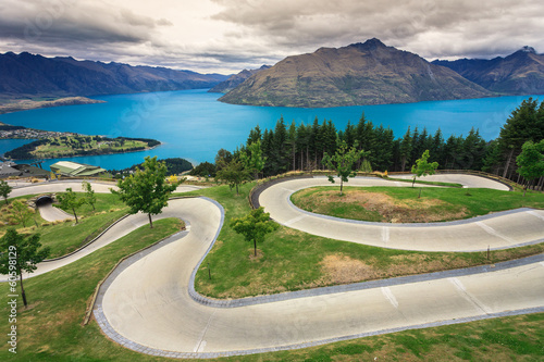 Luge track with lake and mountain, Queenstown, New Zealand