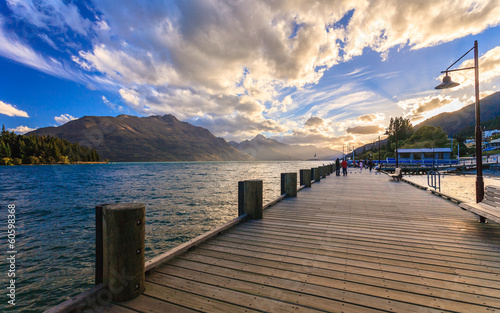 Wooden pier at lake Wakatipu, Queenstown, New Zealand