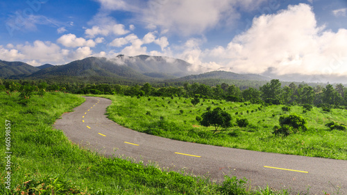 Beautiful countryside road in green field under blue sky