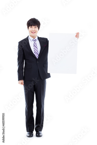 Young Asian business man holding a pannel.