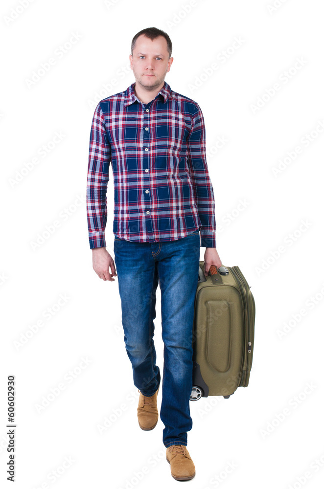 front view of walking man with suitcase. front view of walking man with suitcase.