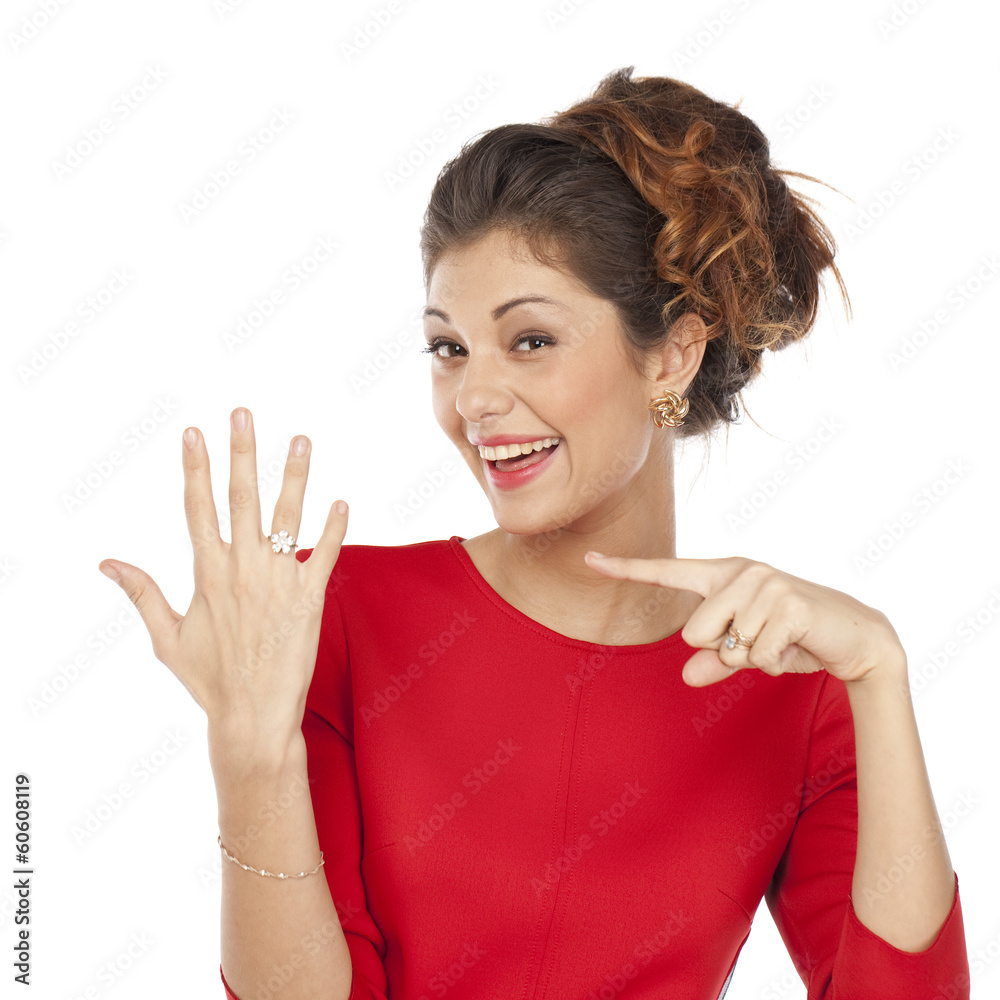 Beautiful woman showing her engagement ring Beautiful woman showing her engagement ring