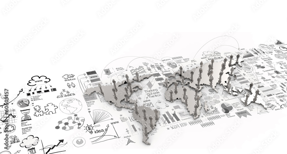 social network human 3d on world map and hand drawn business str