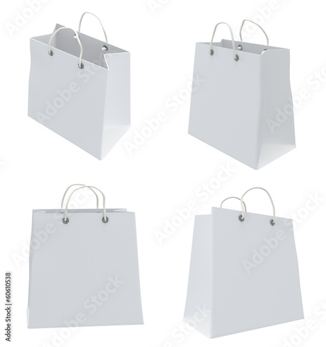 Set of four classic white shopping bags. 3d.