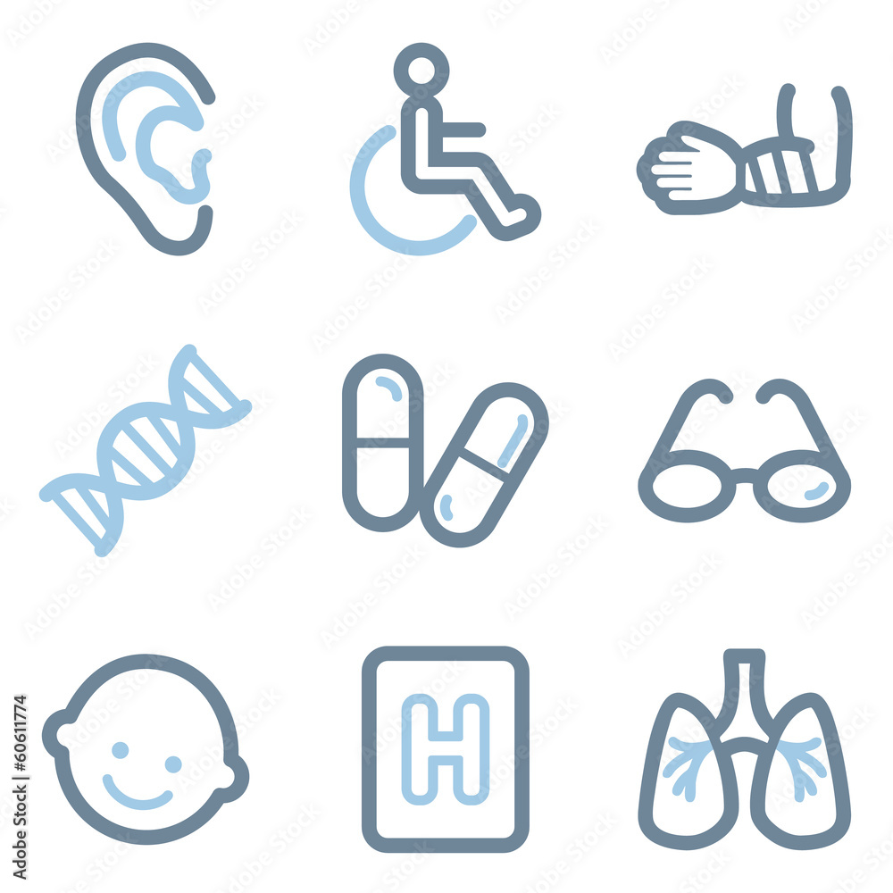 Medicine icons, blue line contour series Medicine icons, blue line contour series
