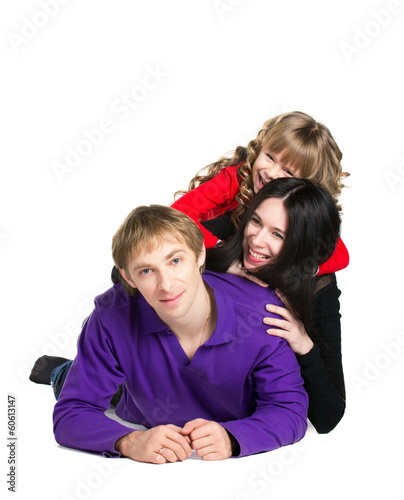 happy family - smiling father, mother and daughter isolated on