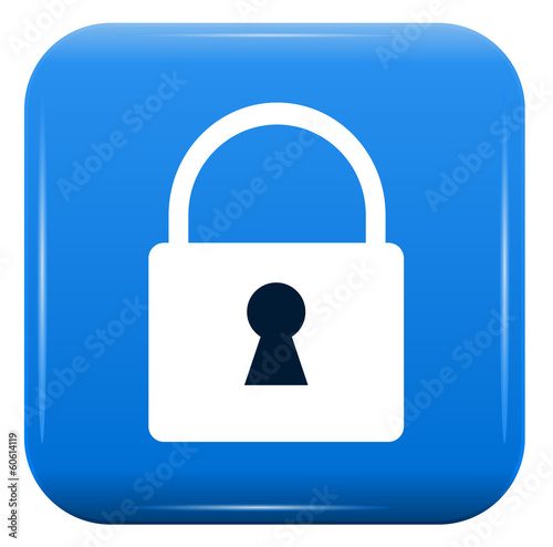 white padlock on blue button, vector icon, eps10