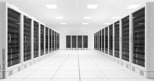 Datacenter with two rows of computers central view