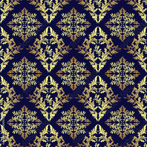 Luxury seamless ornamental Wallpaper: gold on dark blue.