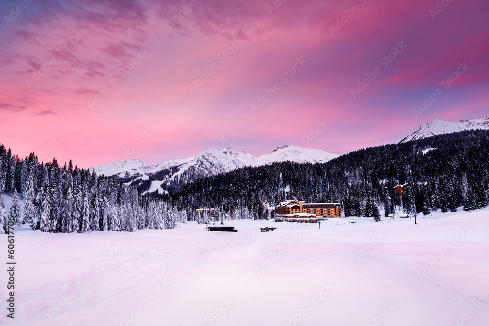 Beautiful Sunrise at Ski Resort of Madonna di Campiglio, Italian