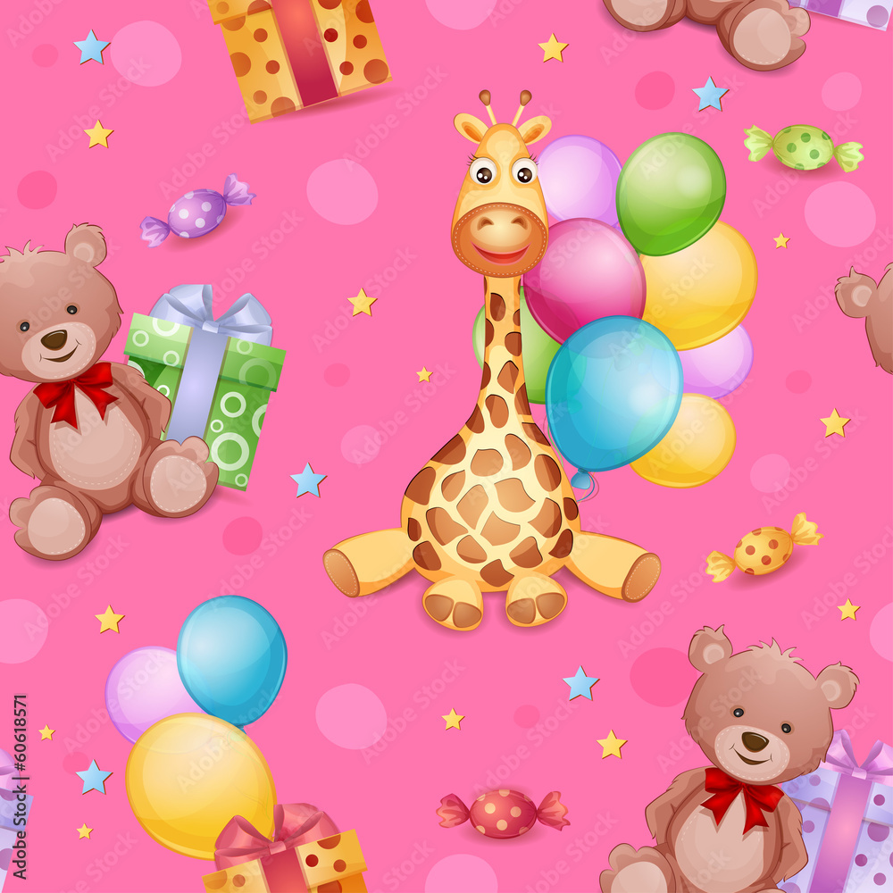 Seamless pattern with giraffe toy, teddy bear and balloons. Seamless pattern with giraffe toy, teddy bear and balloons.