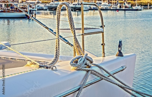 Amarre sur le pont d'un catamaran.