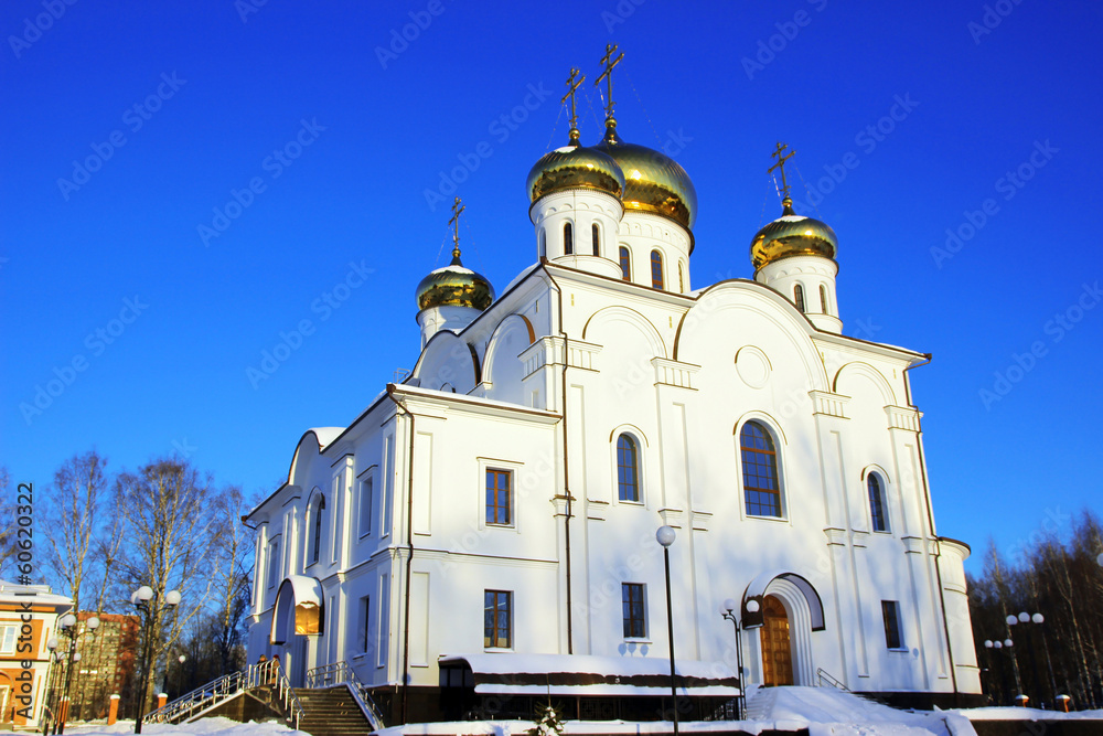 Russian orthodox church at colorful winter sunset