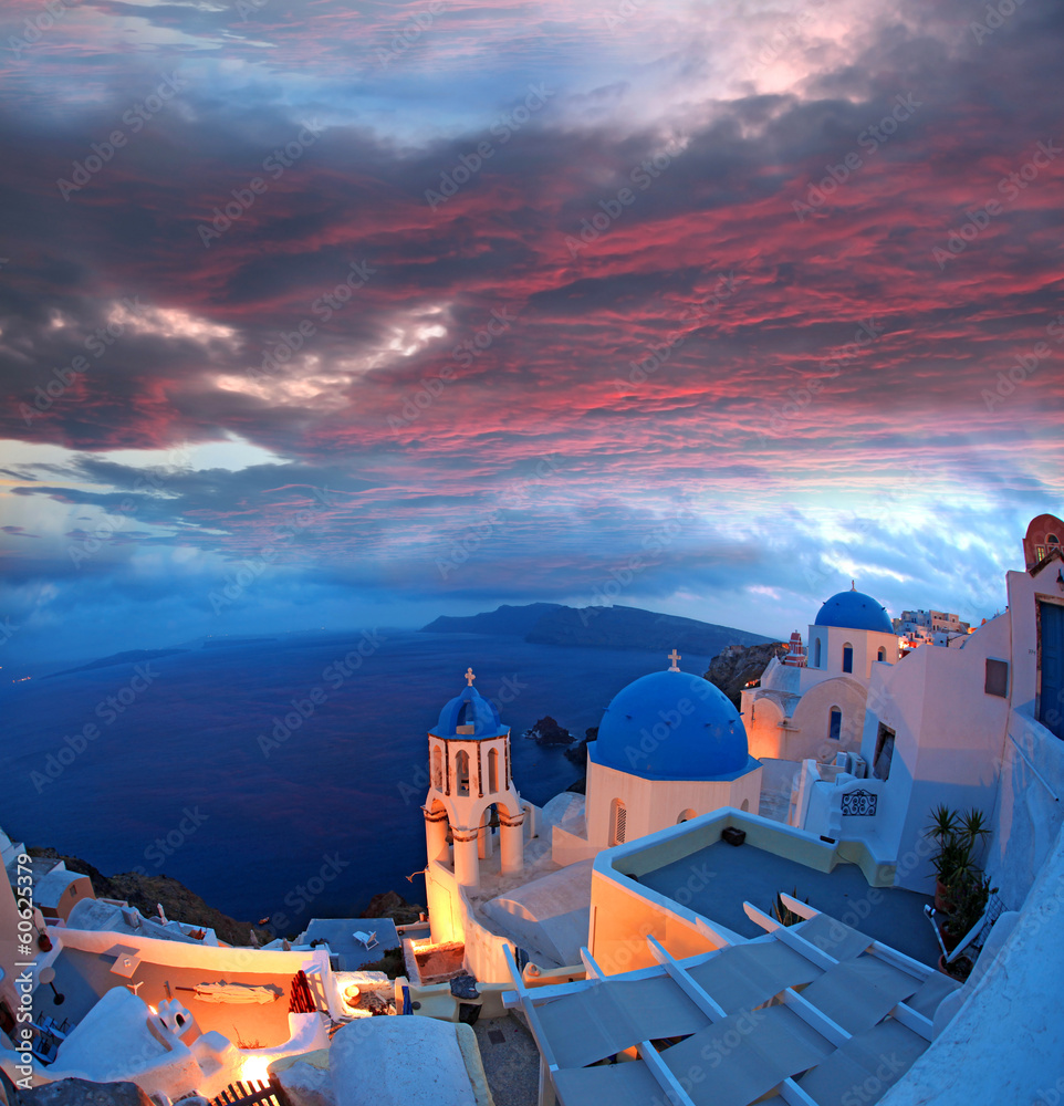 Santorini with churches and sea view in Greece - obrazy, fototapety, plakaty 