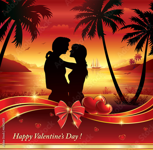 postcard with silhouette of a pair of lovers of guys and girls
