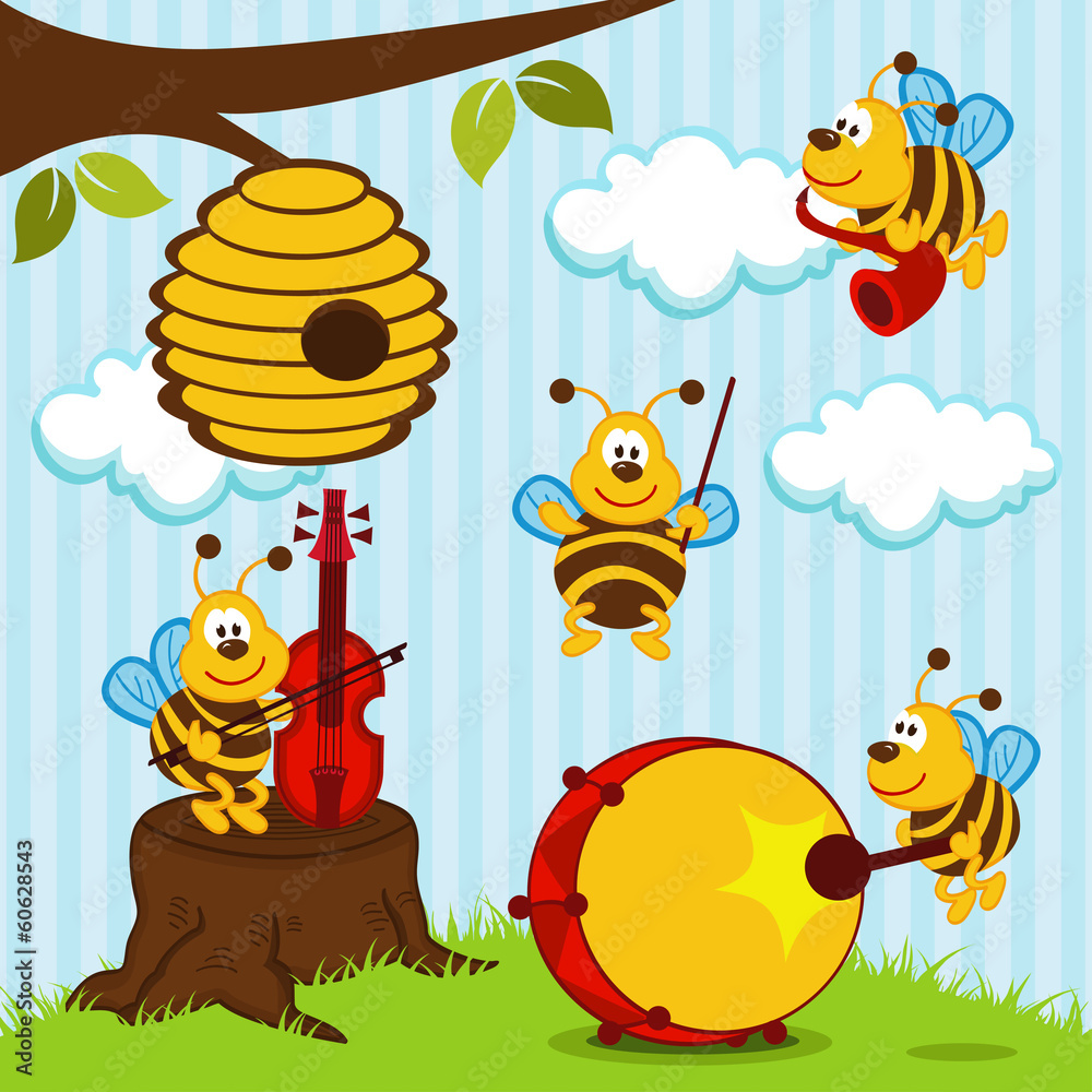 orchestra musical bees - vector illustration - obrazy, fototapety, plakaty 
