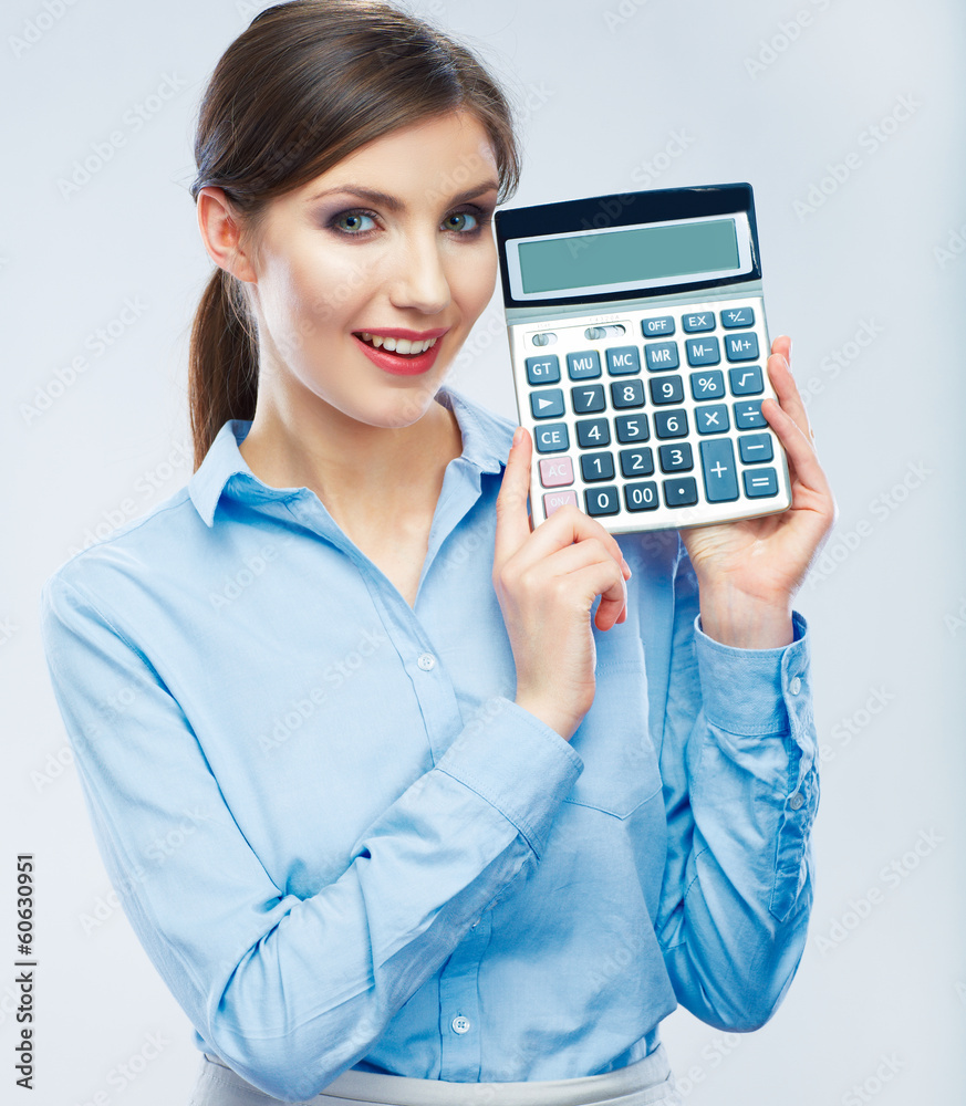 Business woman hold count machine. Business woman hold count machine.