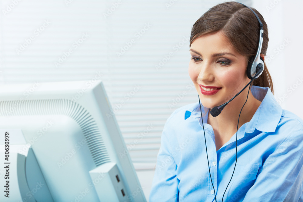 Portrait of woman customer service worker, call center smiling Portrait of woman customer service worker, call center smiling