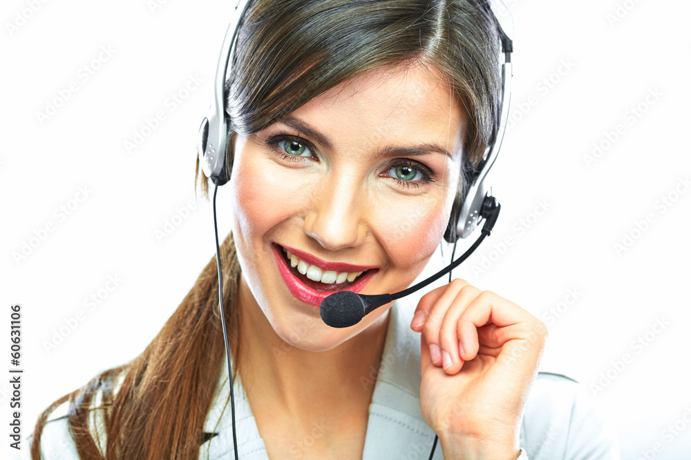 Customer support operator. Woman face.Call center smiling opera Customer support operator. Woman face.Call center smiling opera