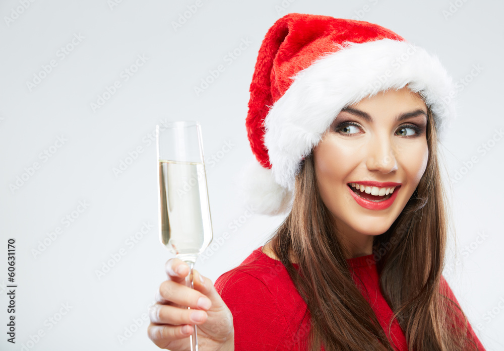 Christmas Santa hat isolated woman portrait hold wine glass. Christmas Santa hat isolated woman portrait hold wine glass.