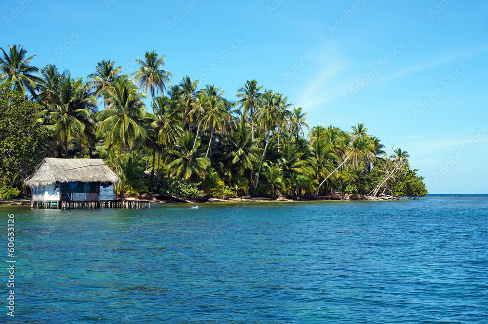 Tropical coast with rustic hut on stilts
