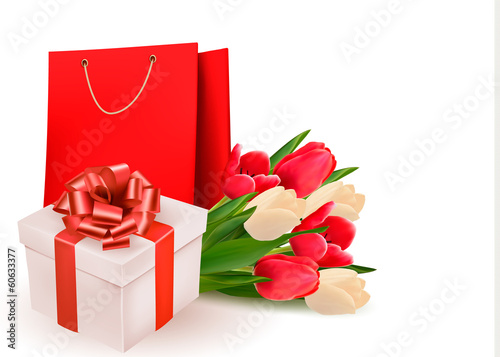Valentine's day background with gift box and flowers. Vector.