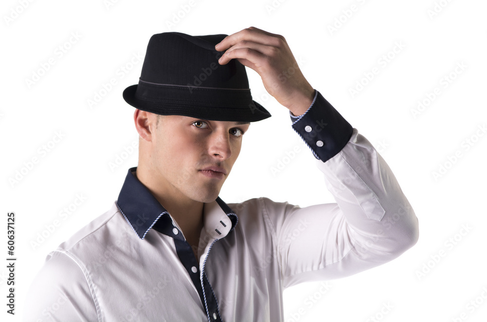 Attractive young man with fedora and white shirt Attractive young man with fedora and white shirt