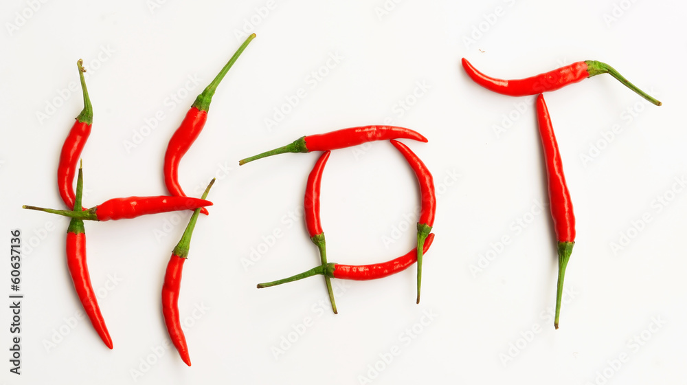 HOT text composed of chili peppers. Isolated on white background HOT text composed of chili peppers. Isolated on white background