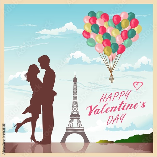 Valentine's day card with romantic couple in Paris background