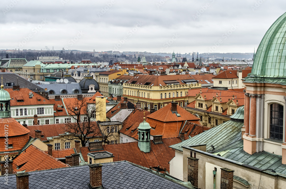 view over the roofs and towers of prague