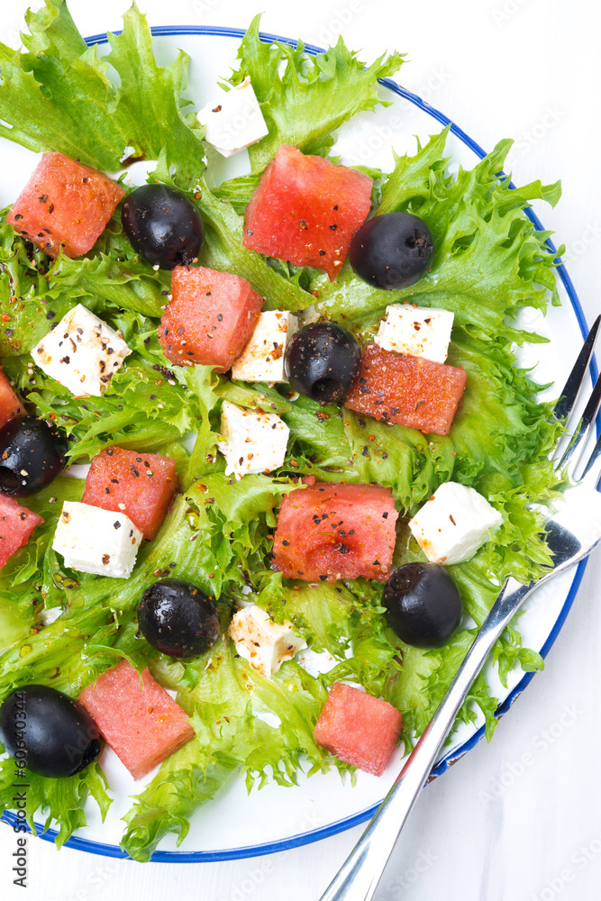 salad with watermelon, feta cheese and olives on the plate salad with watermelon, feta cheese and olives on the plate