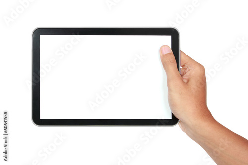 photo of a tablet held by a hand horizontally