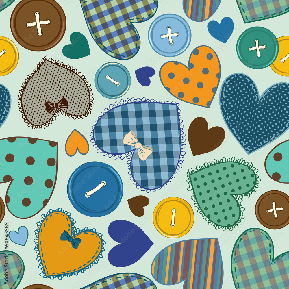Fototapeta Seamless pattern of heart patchworks and buttons