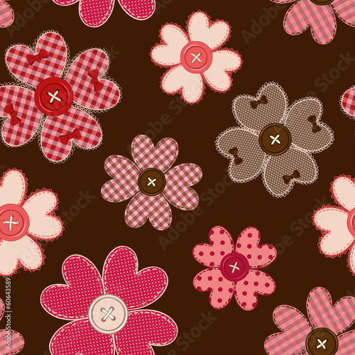 Seamless pattern of flower patchworks and buttons