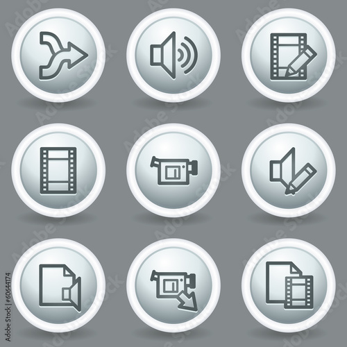 Audio video edit  web icons, circle grey matt buttons