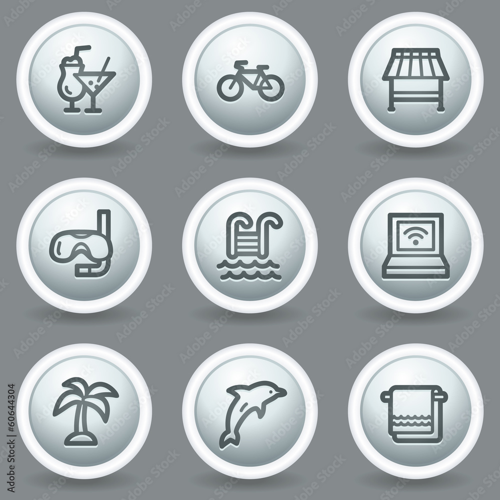 Vacation web icons, circle grey matt buttons