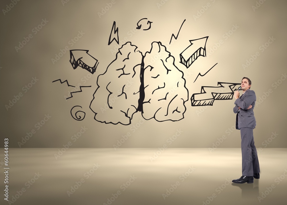 Composite image of thinking businessman holding glasses Composite image of thinking businessman holding glasses