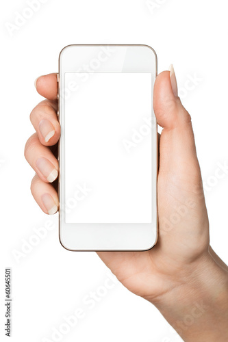 Close up of female hand holding blank smart phone