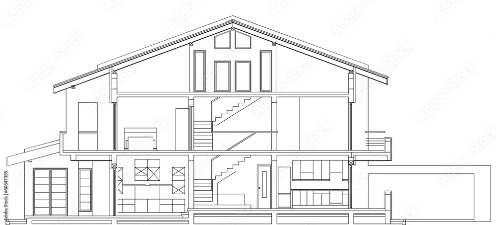 Modern American House Facade Section Architectural Blueprint