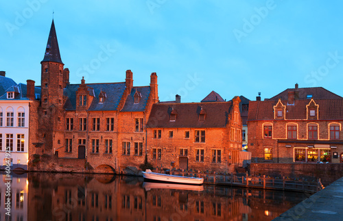 Romantic view on the channel in Brugge at night, Belgium.