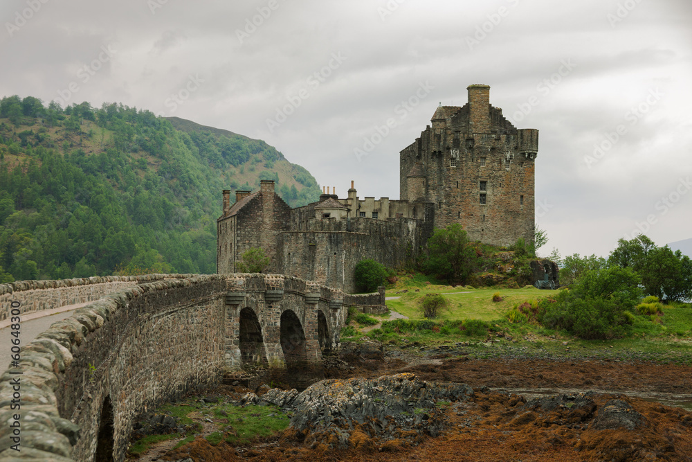 Eilean Donan castle on a cloudy day,  Highlands, Scotland. UK