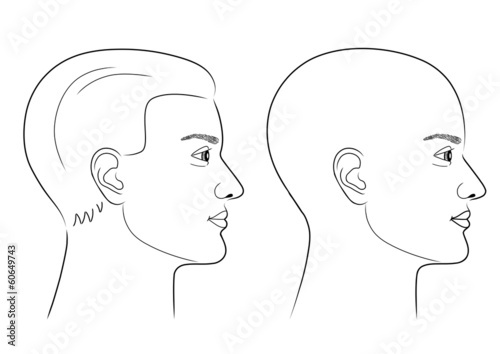 Schwarz-weiße Zeichnung eines Männerprofils mit und ohne Haare