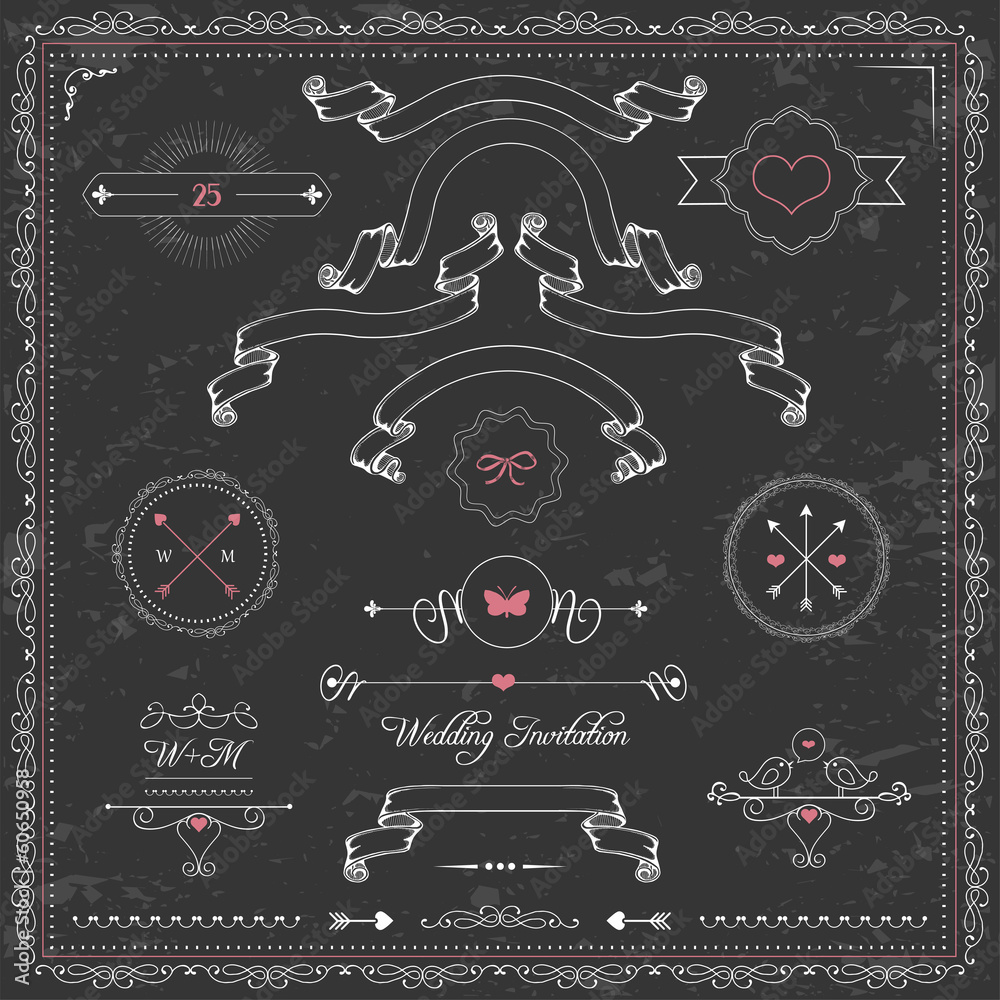 vector cute design elements, chalkboard wedding invitation,