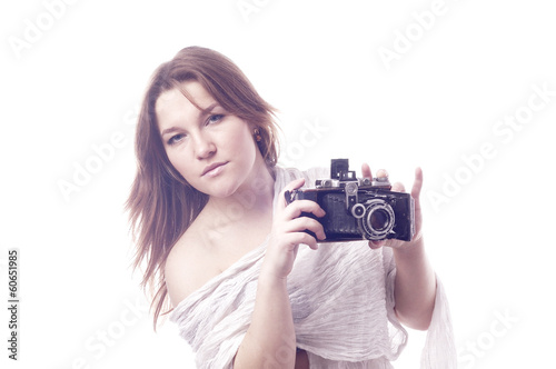 young girl with retro camera isolated on white