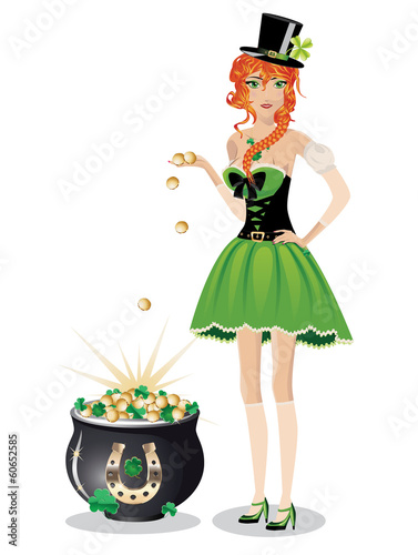 Leprechaun girl with pot of gold