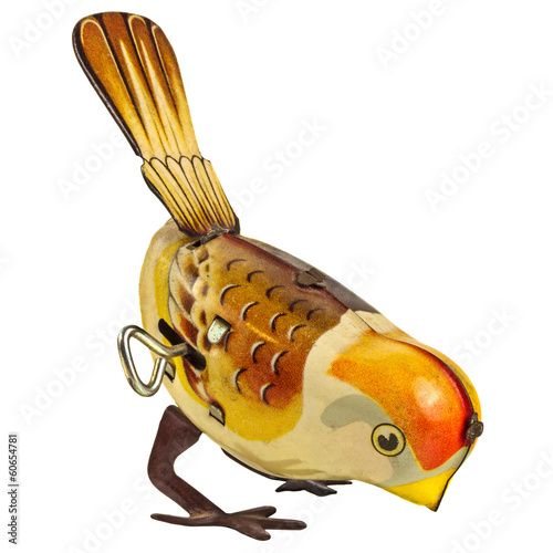 Retro tin toy bird isolated on white