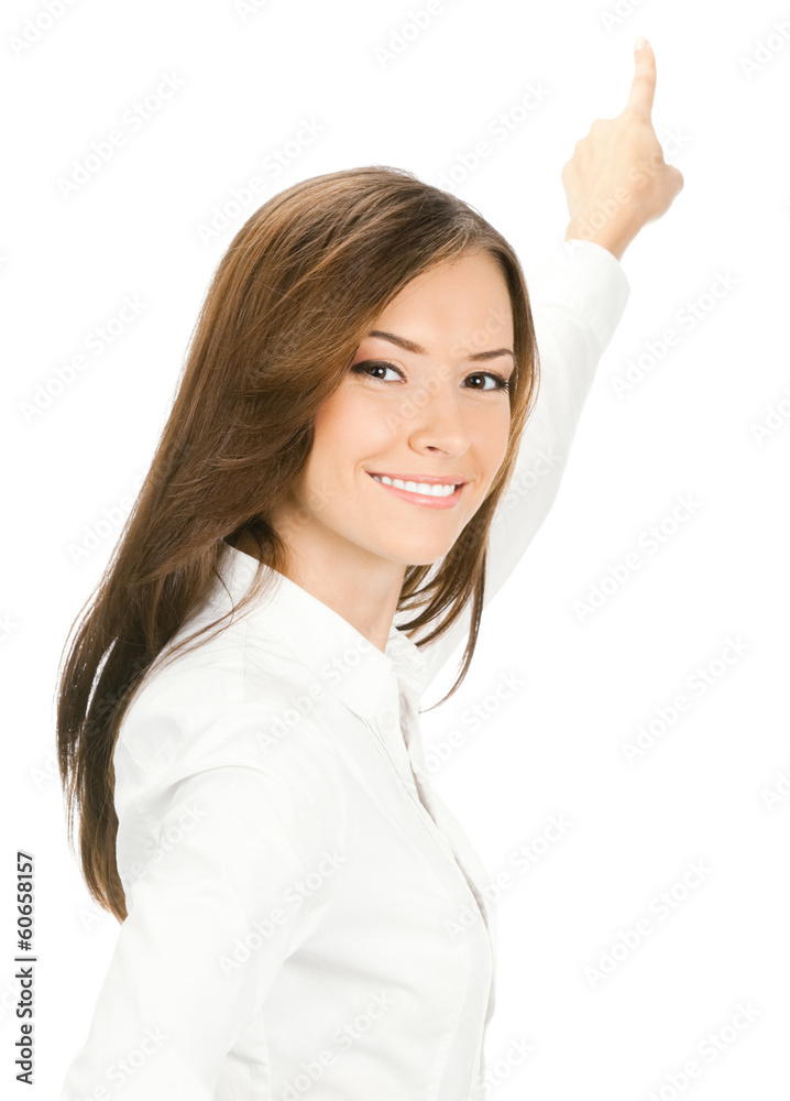 Business woman showing something, isolated Business woman showing something, isolated