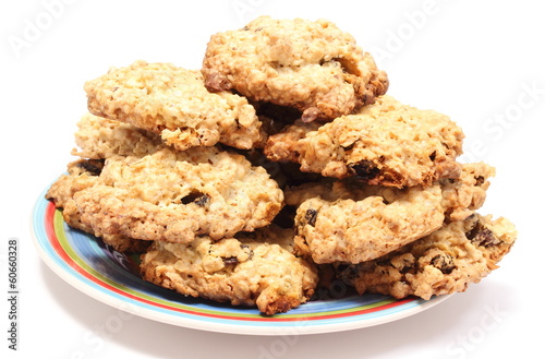 Oatmeal cookies with raisins on colorful plate