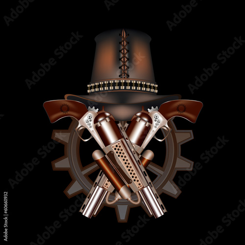 Two steampunk revolvers and hat